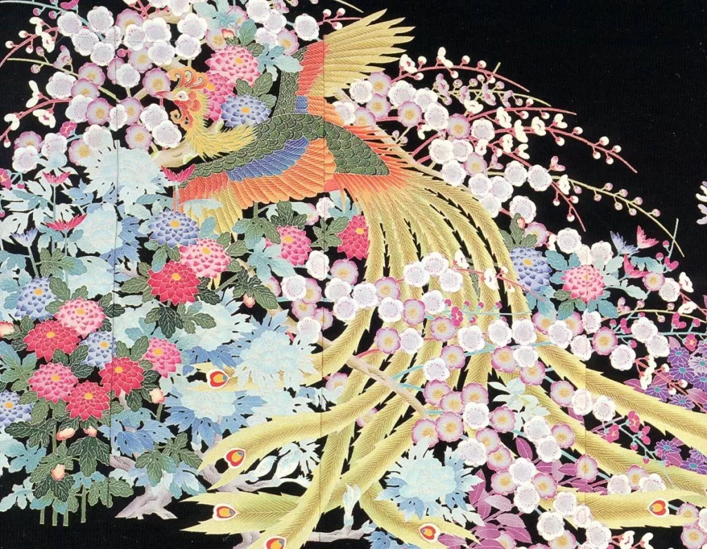 Kimono Floral Crane Bird Moon Landscape