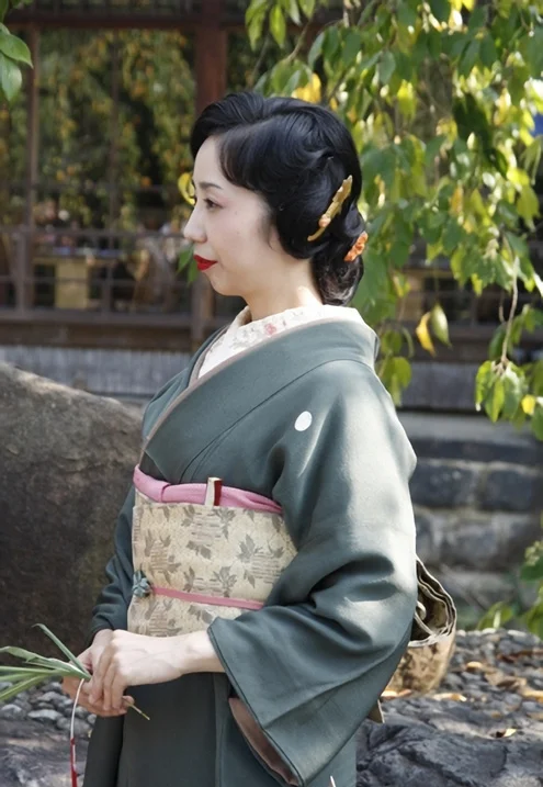 Kimono Floral Green Pink Obi Traditional