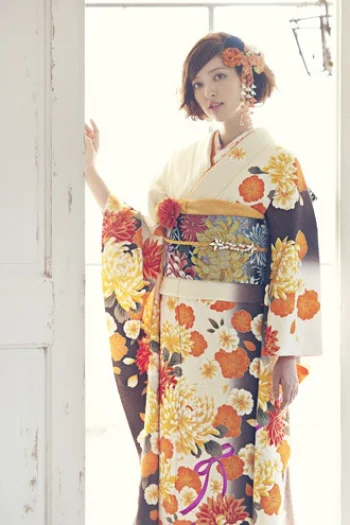 Kimono Floral Orange Yellow Elegant Ceremonial