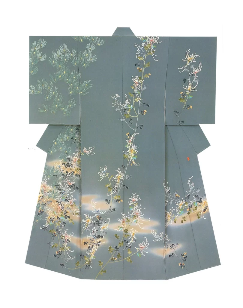 Kimono Floral Pine Tree Chrysanthemum Green Traditional