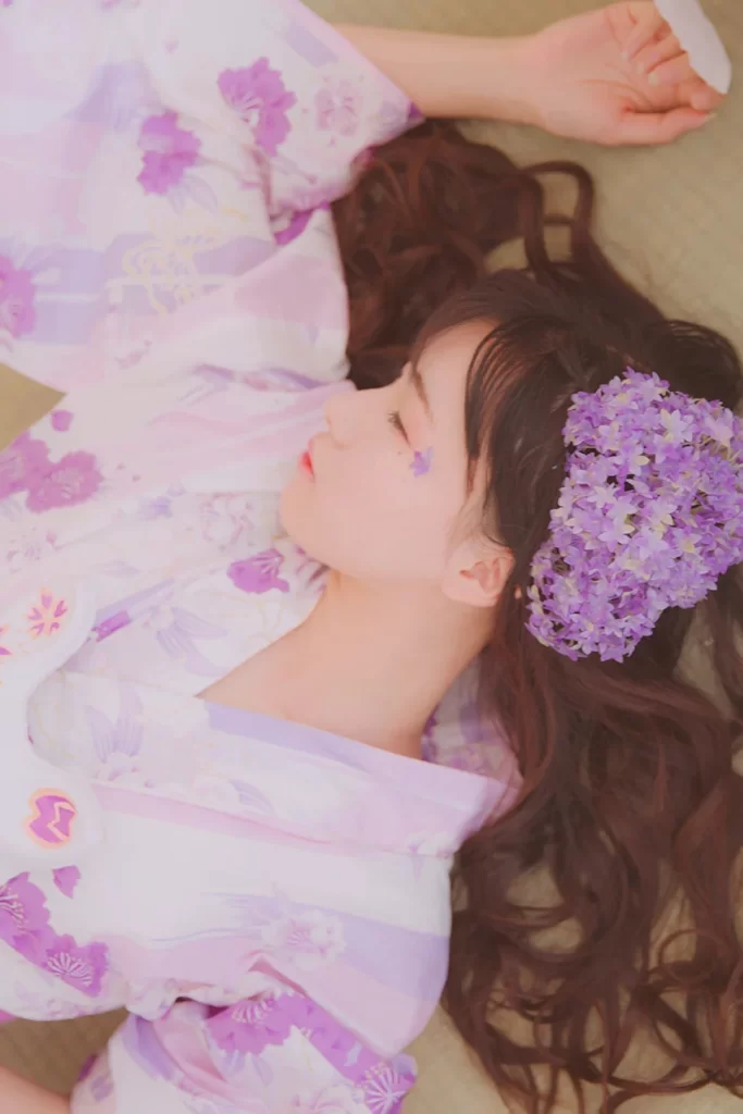 Kimono Floral Purple White Traditional Japanese