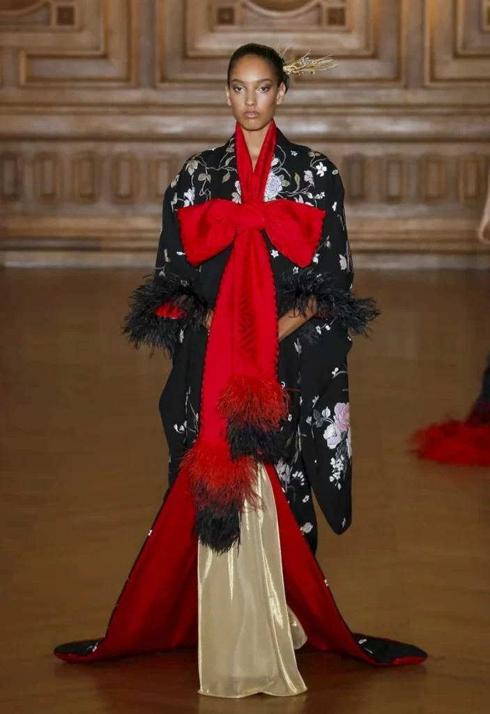 Kimono Floral Red Black Traditional Fashion