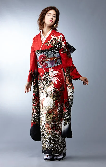 Kimono Floral Red Black White