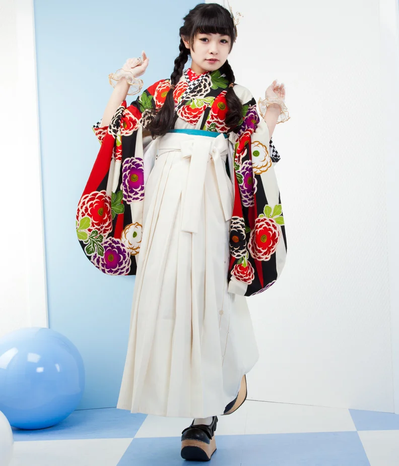 Kimono Floral Red Black White Purple