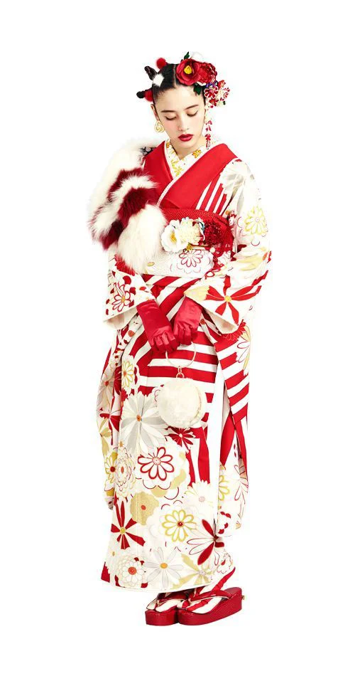 Kimono Floral Red White
