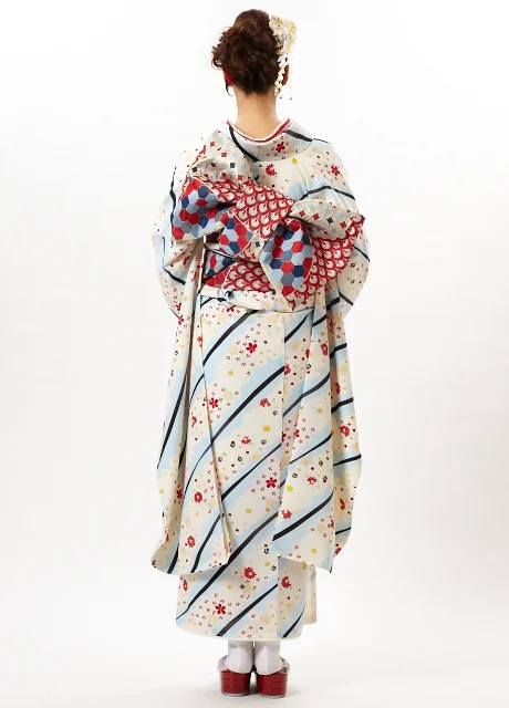 Kimono Floral Stripe Red Blue White