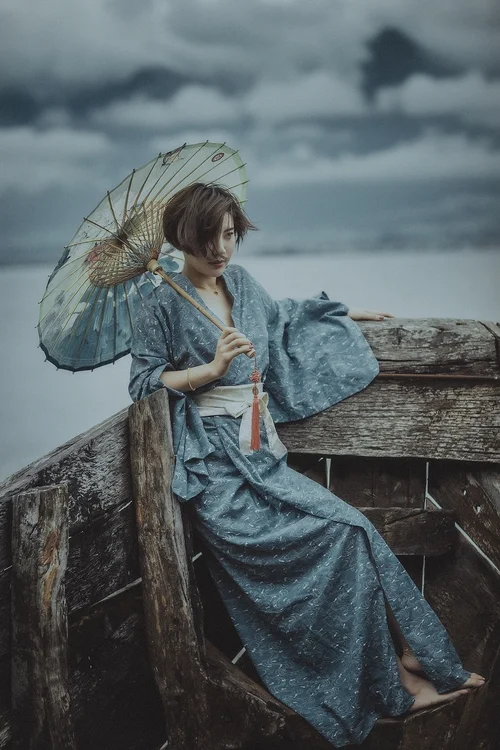 Kimono Floral Wave Blue Traditional Japanese