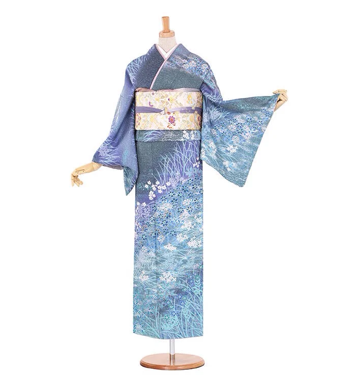 Kimono Floral Wave Landscape Blue Traditional