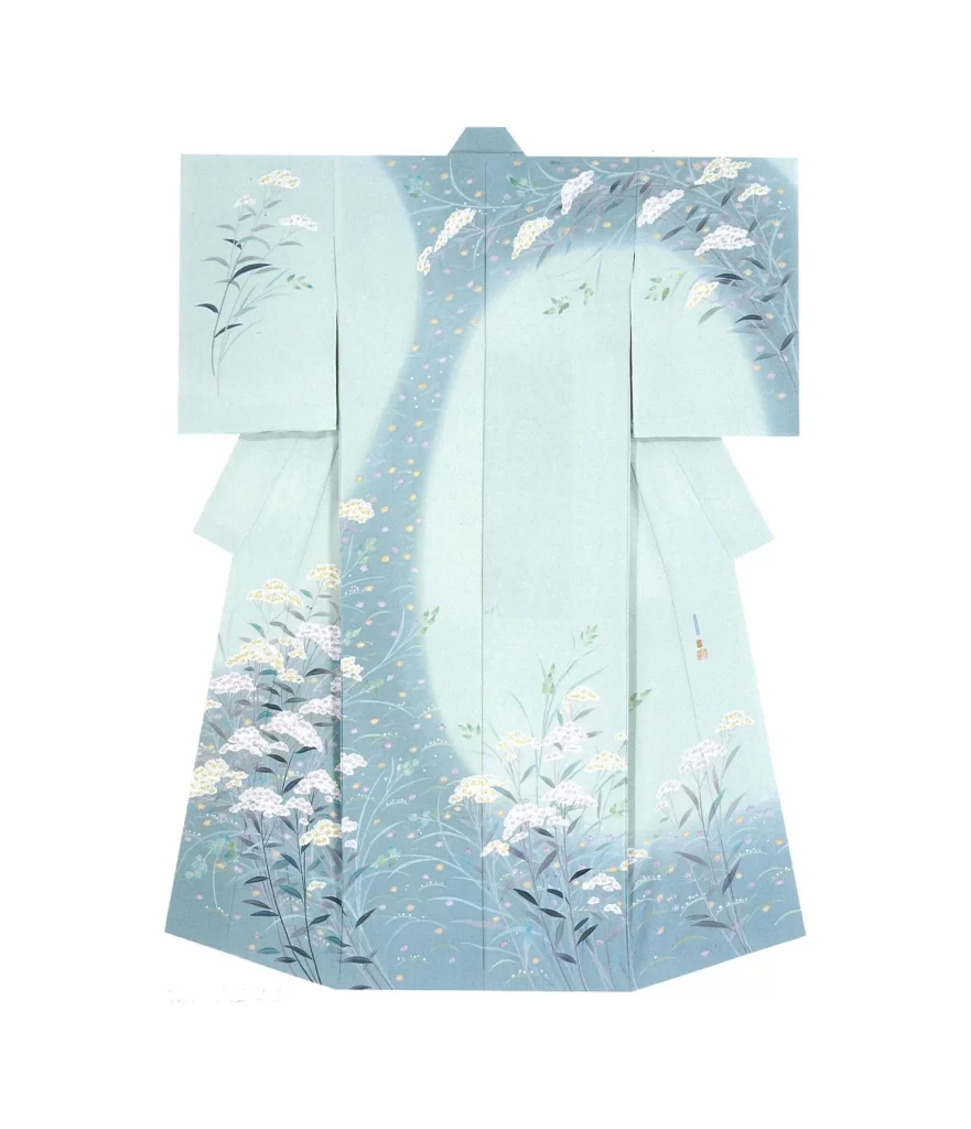 Kimono Floral White Flowers Green Leaves