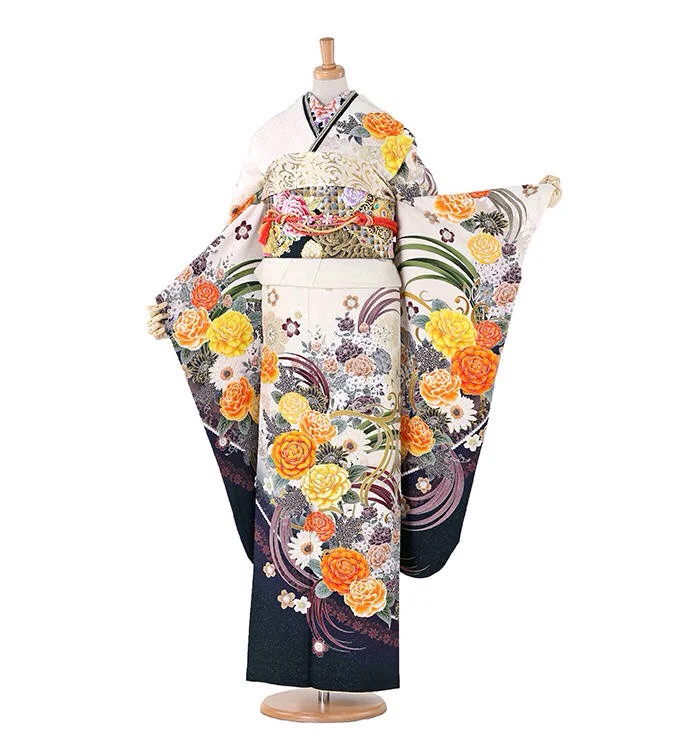 Kimono Floral Yellow Orange Black White