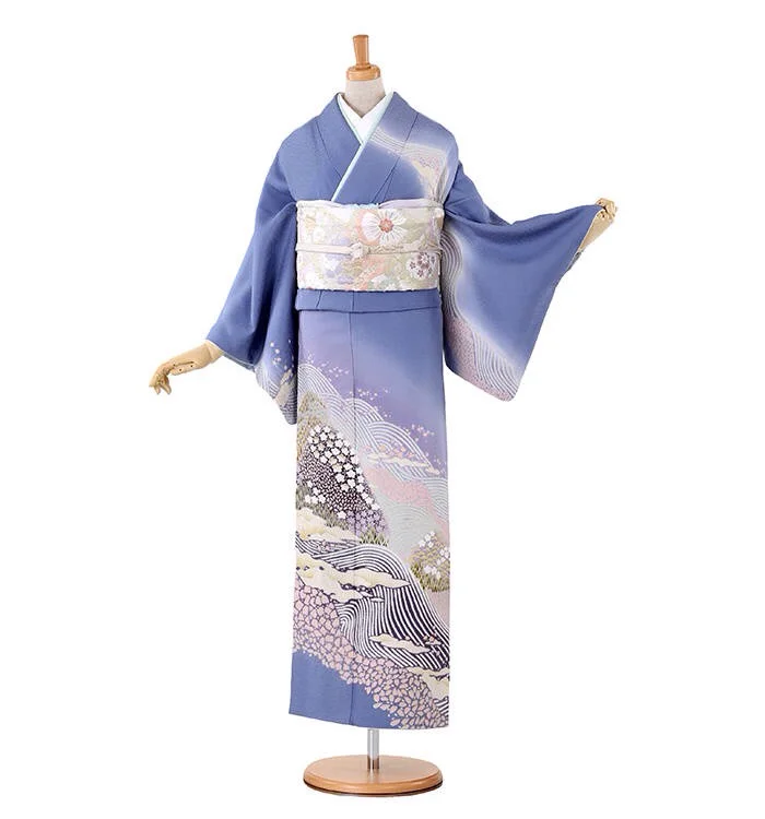 Kimono Furisode Floral Cherry Blossom Wave Geometric Blue