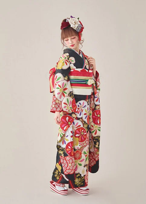 Kimono Furisode Floral Cherry Blossom Red Black