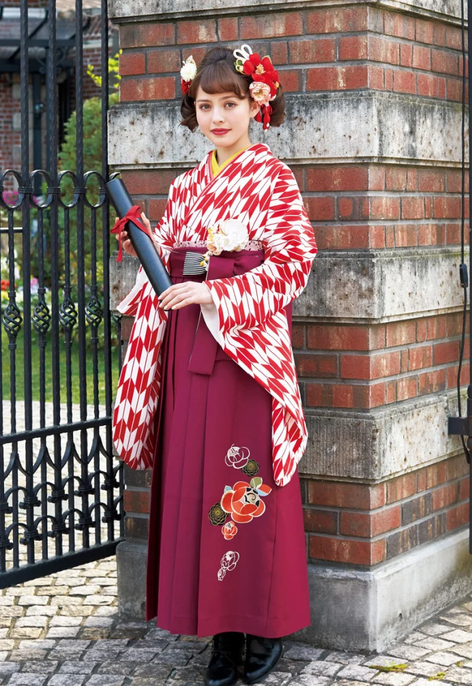 Kimono Furisode Floral Cherry Blossom Geometric Stripe Red Traditional