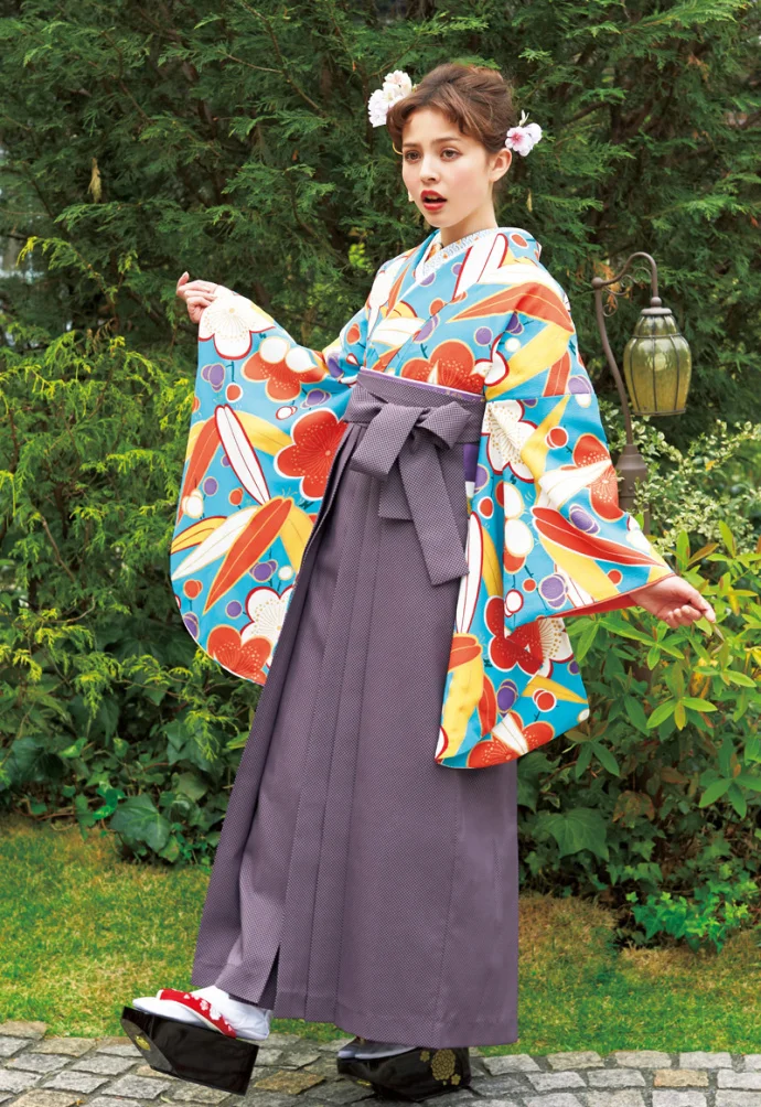 Kimono Furisode Floral Cherry Blossom Wave Geometric Blue