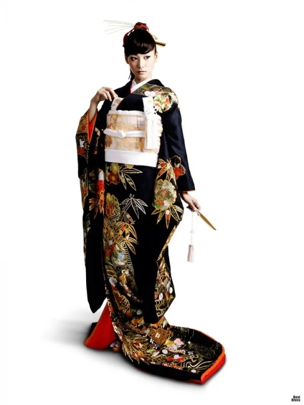 Kimono Furisode Floral Cherry Blossom Crane Wave Black