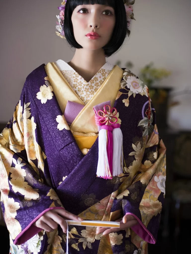 Kimono Furisode Floral Cherry Blossom Purple Gold