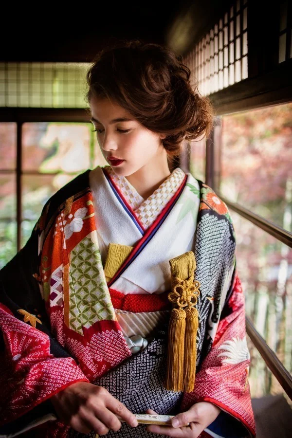 Kimono Furisode Floral Cherry Blossom Geometric Stripe