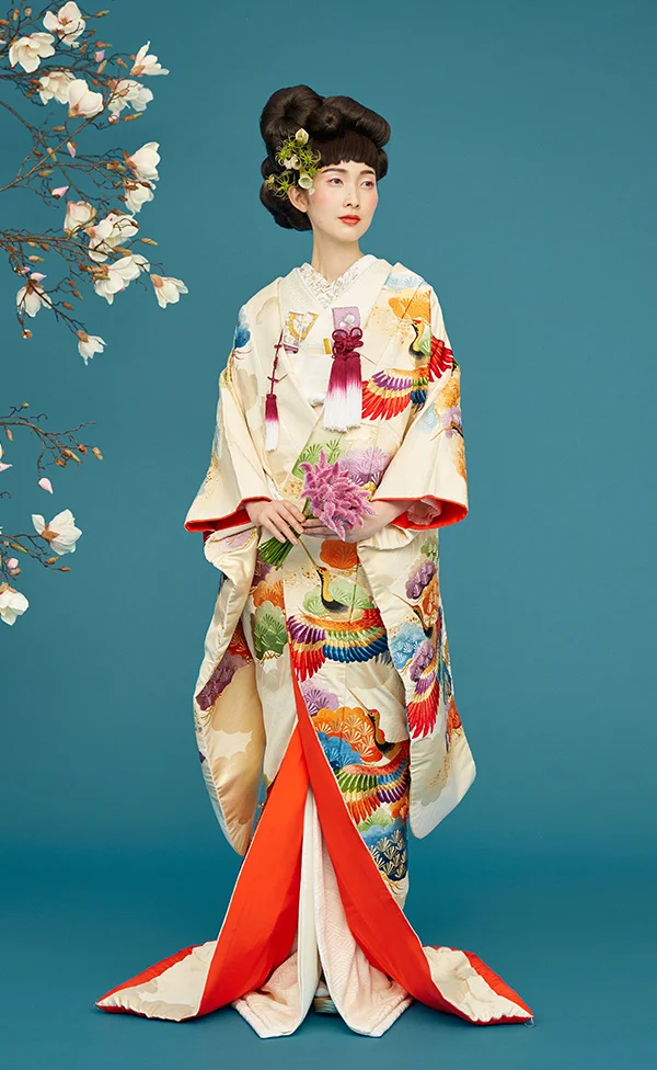 Kimono Furisode Floral Crane Wave Bird Moon White Traditional
