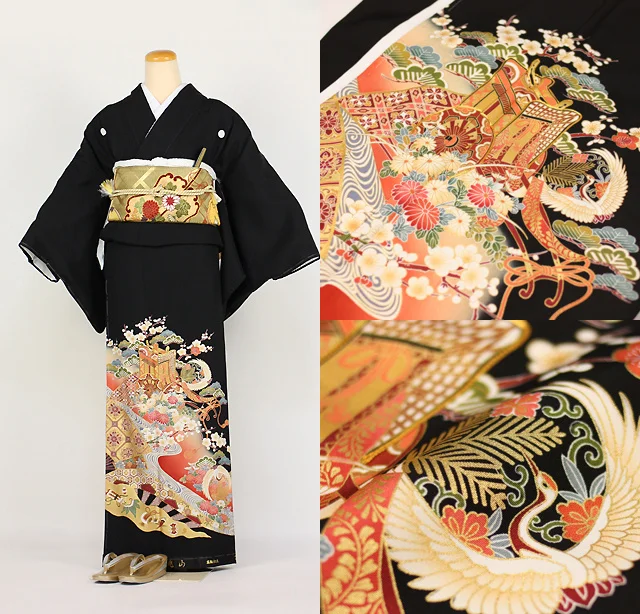 Kimono Furisode Floral Crane Wave Geometric Bird Moon Landscape Black