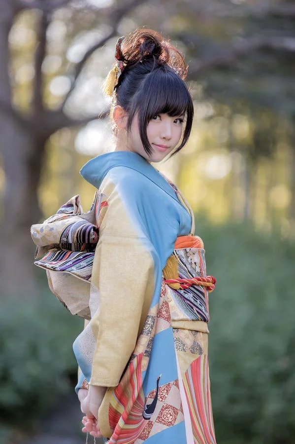 Kimono Furisode Floral Stripe Bird Moon