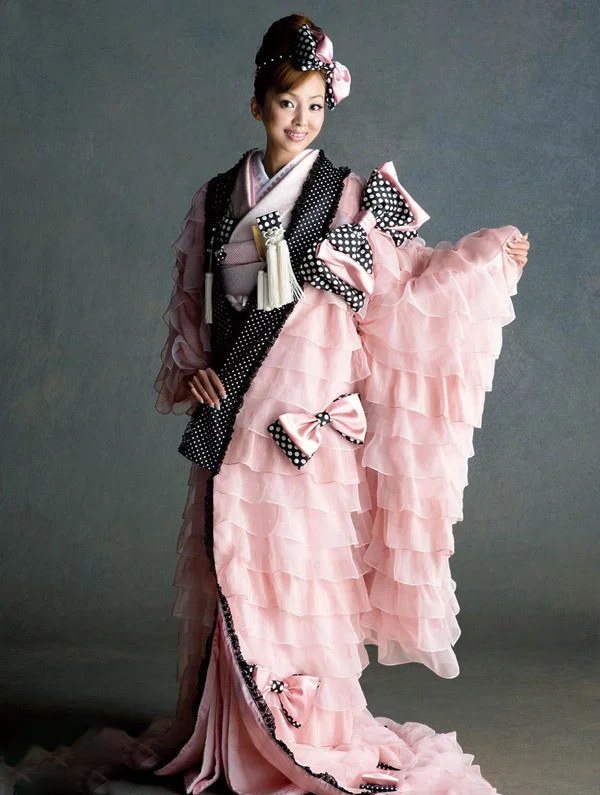 Kimono Furisode Pink Polka Dot Ruffles Bow