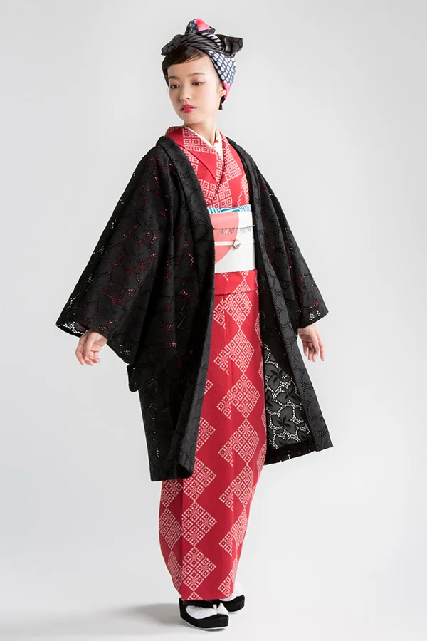 Kimono Furisode Red Geometric Black Obi