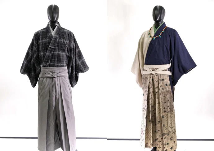 Kimono Geometric Dark Blue Beige Floral Obi