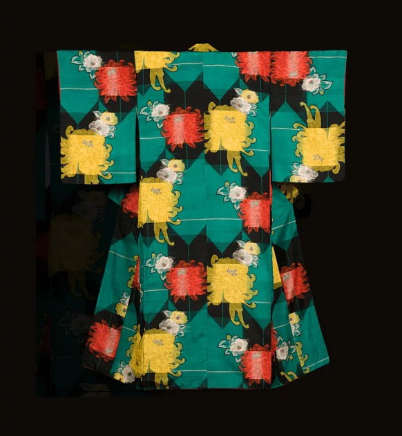 Kimono Green Floral Yellow Red White Geometric Festive