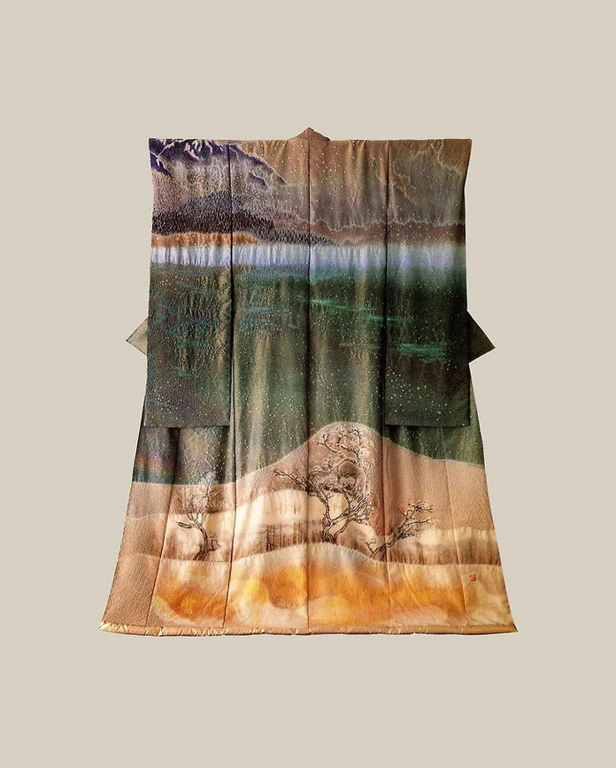 Kimono Green Wave Mountain Tree Snowscape Traditional