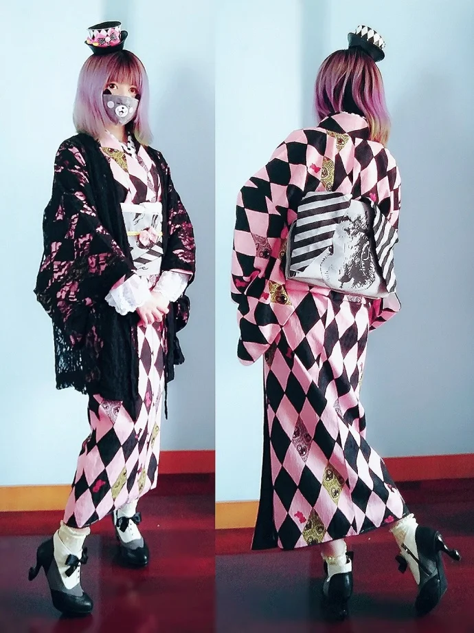 Kimono Harajuku Geometric Pink Black Lace