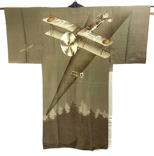 Kimono Olive Green Airplane Trees Silhouette Geometric