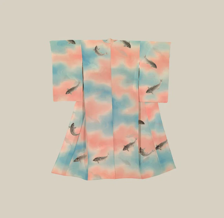 Kimono Pink Blue Fish Wave Elegant Ceremonial