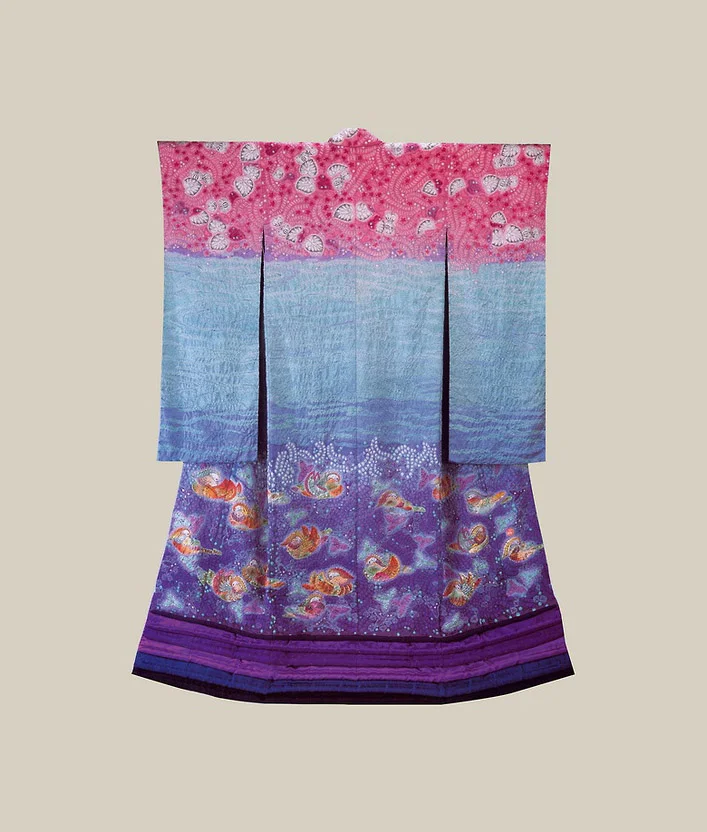 Kimono Pink Blue Purple Floral Wave Elegant Ceremonial