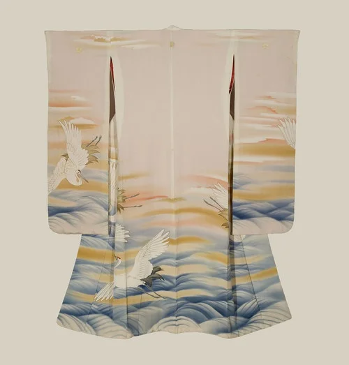 Kimono Pink Crane Wave Elegant Ceremonial