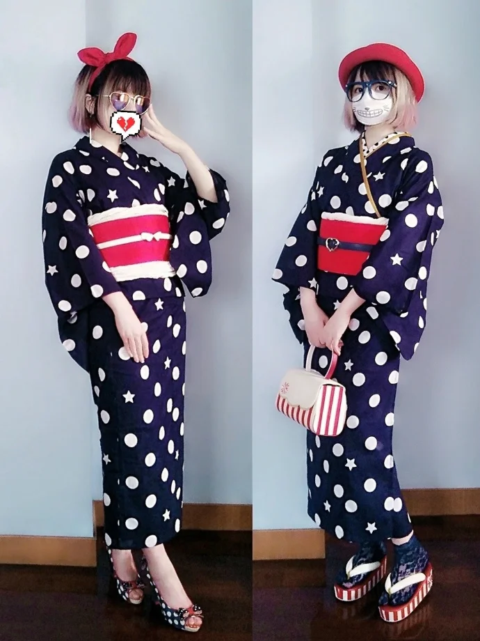 Kimono Polka dots Floral Red Obi