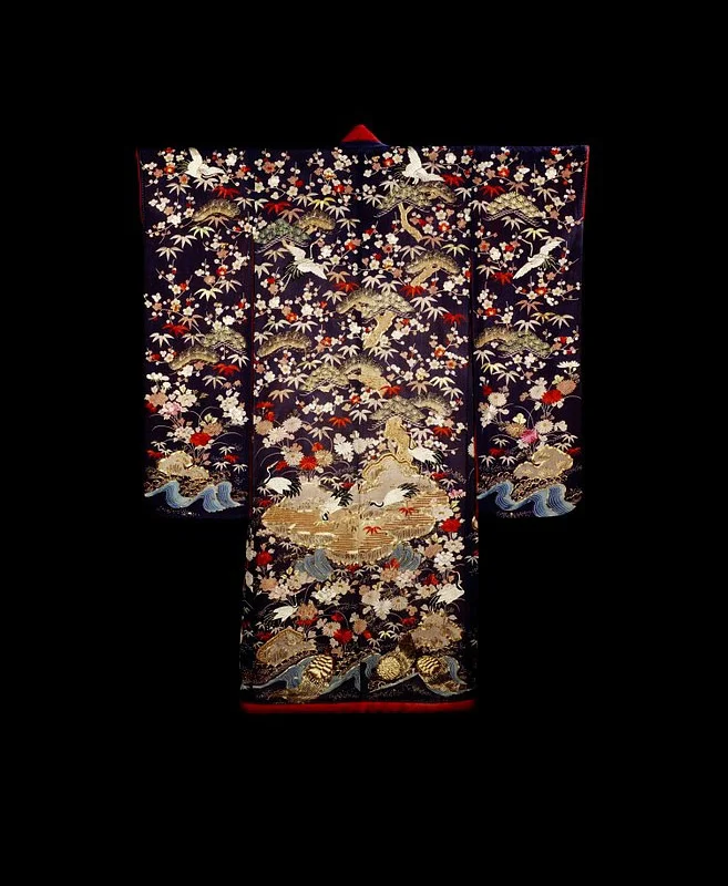 Kimono Purple Floral Crane Wave Elegant Ceremonial