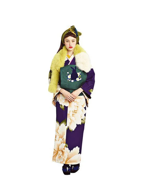 Kimono Purple Floral Rabbit Elegant Ceremonial
