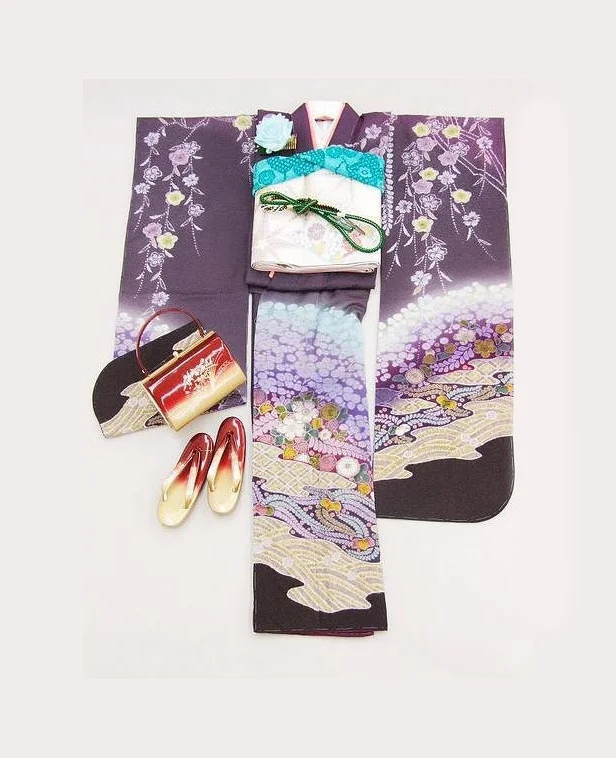 Kimono Purple Floral Wave Elegant Ceremonial
