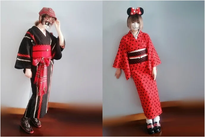 Kimono Red Black Polka Dot Floral Obi