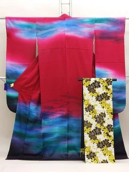 Kimono Red Blue Wave Floral Elegant Ceremonial