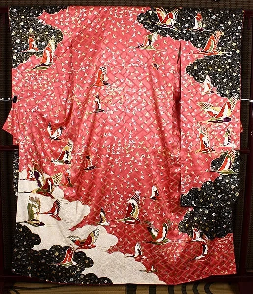Kimono Red Crane Bird Geometric Elegant Ceremonial