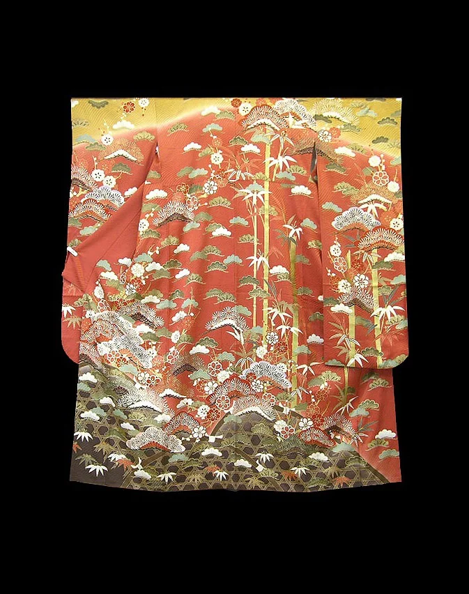 Kimono Red Floral Crane Wave Elegant Ceremonial