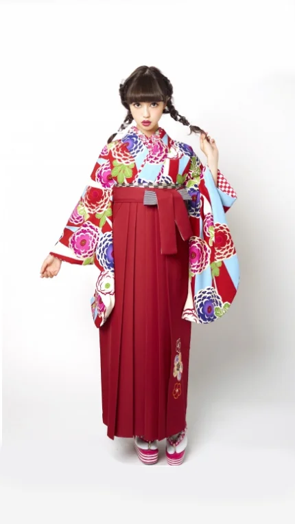 Kimono Red Floral Geometric Festive