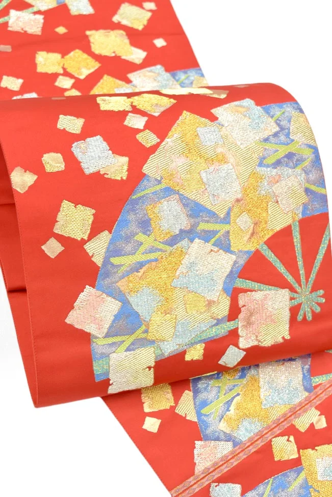 Kimono red floral geometric gold blue