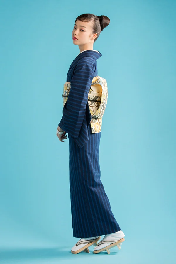 Kimono Stripe Dark Blue Obi Floral Traditional