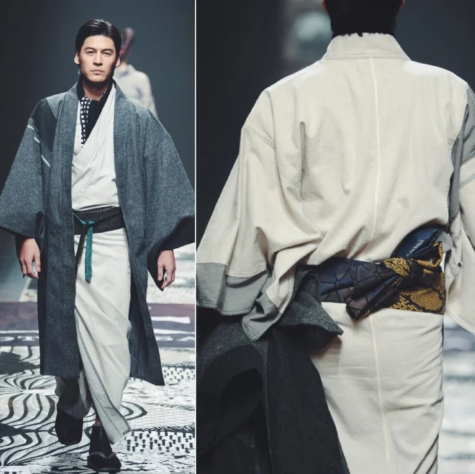 Kimono traditional grey white obi geometric