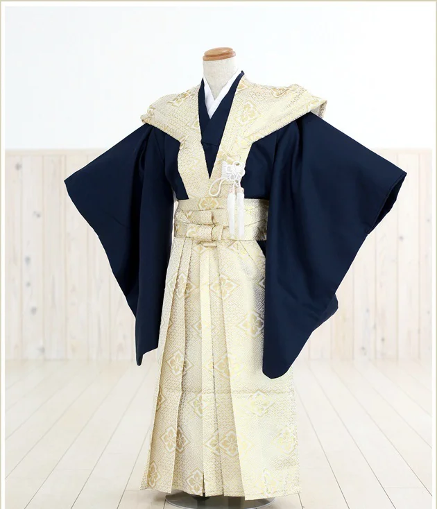 Kimono traditional navy blue gold geometric obi