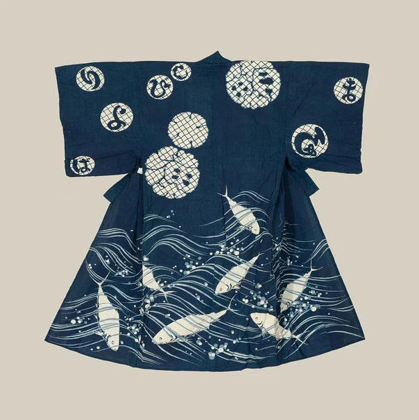 Kimono Wave Fish Moon Geometric Blue