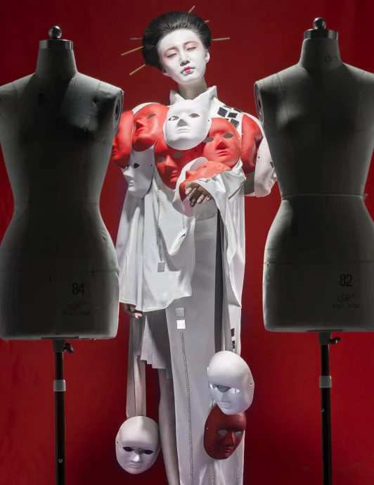 Kimono White Red Masks Traditional Artistic