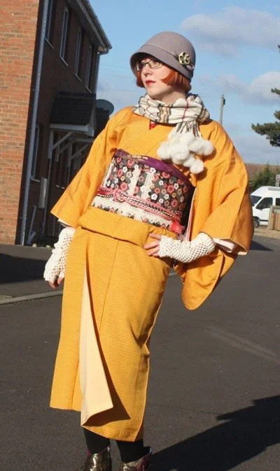 Kimono Yellow Floral Obi Geometric Traditional